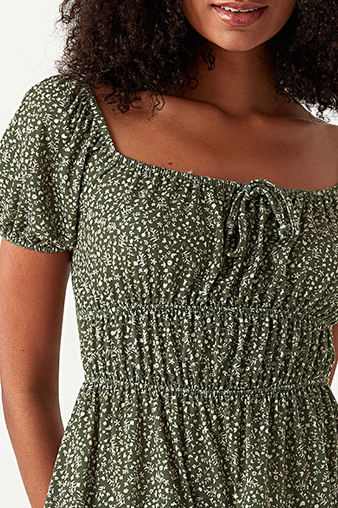 Khaki Ditsy Tiered Puff Sleeve Dress