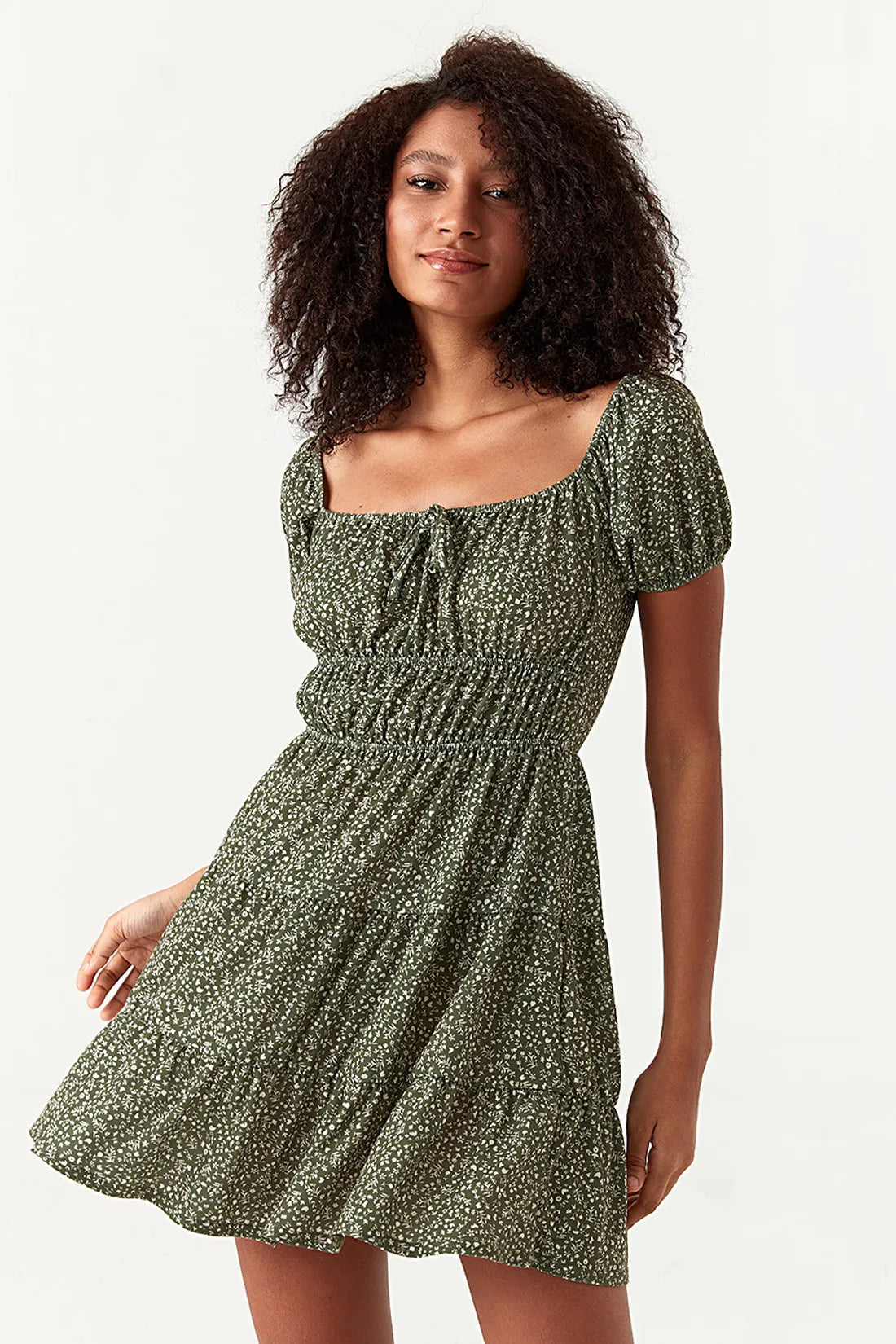 Khaki Ditsy Tiered Puff Sleeve Dress