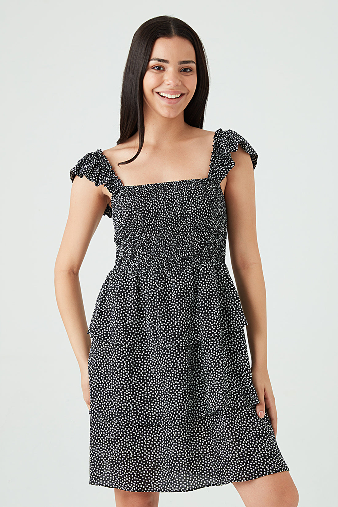 Black Frill Strap Shirred Detail Dress