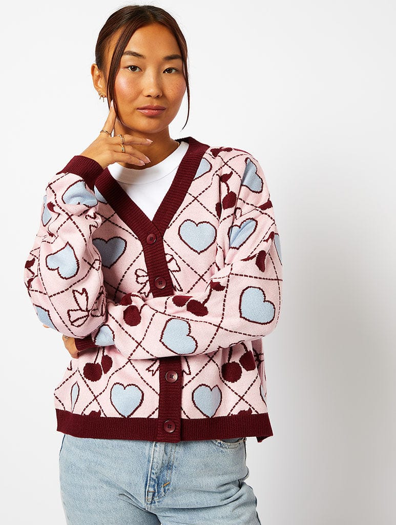 Quilted Cherry & Bow Cardigan in Multi