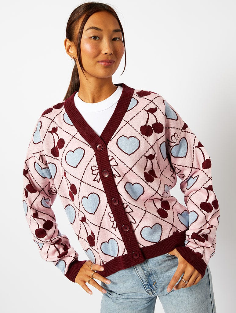 Quilted Cherry & Bow Cardigan in Multi