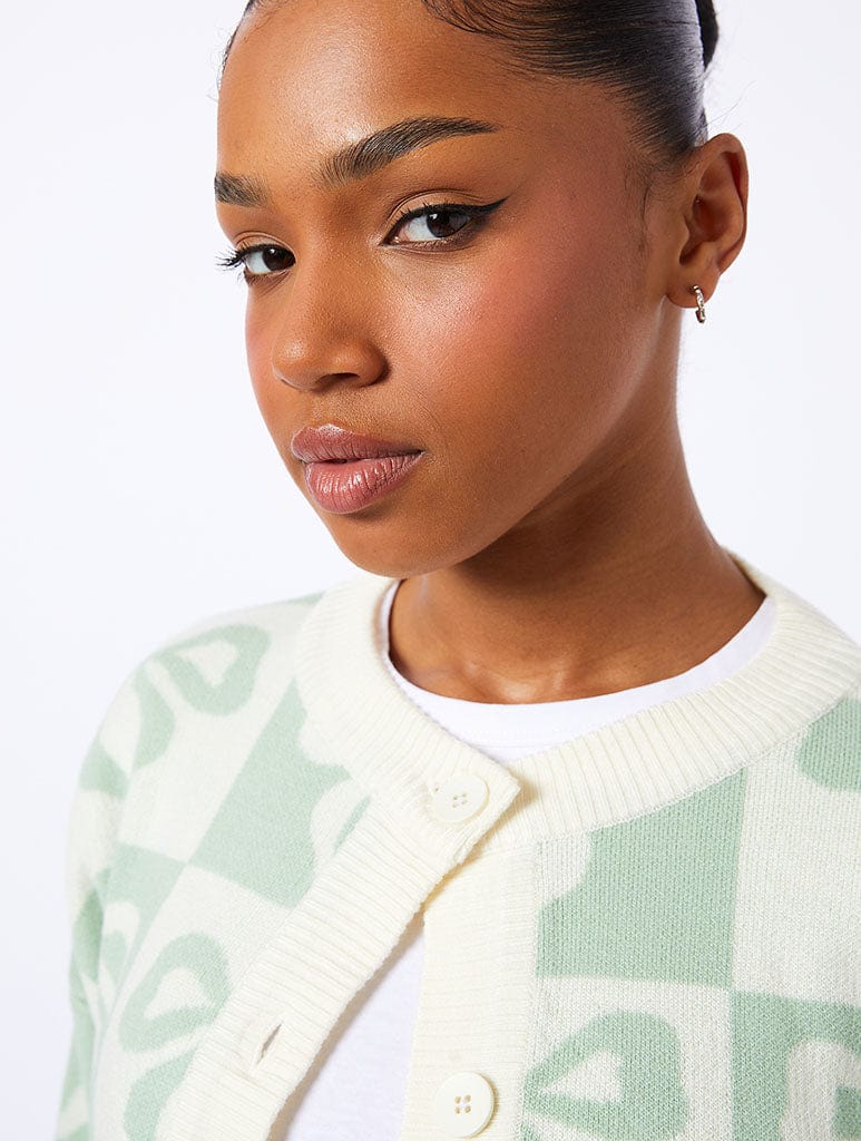 Sage Check Bow Knitted Cardigan