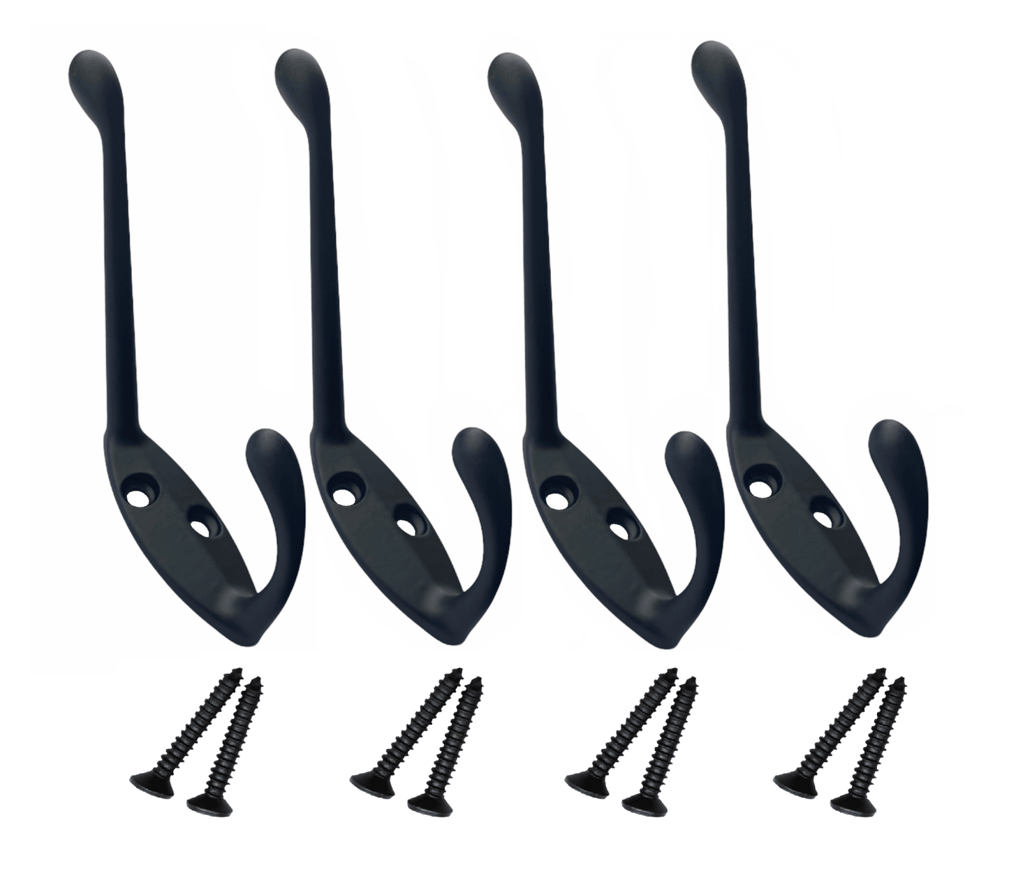 4 x Matt Black Metal Double Hat & Coat Hooks Door & Wall Clothing Hangers