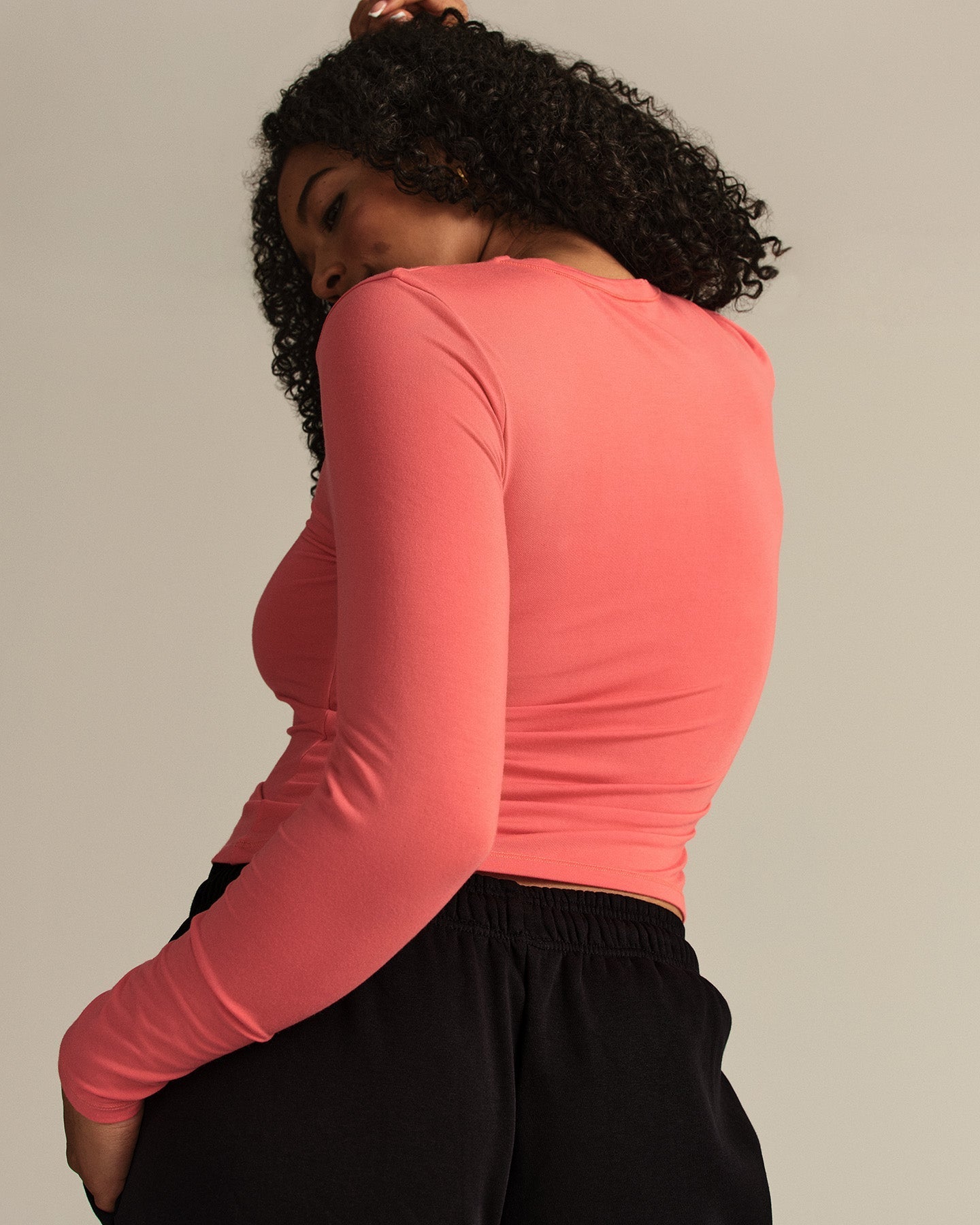 Smooth Contour Midi Crew Neck Long Sleeve T-Shirt | Sunlit Coral