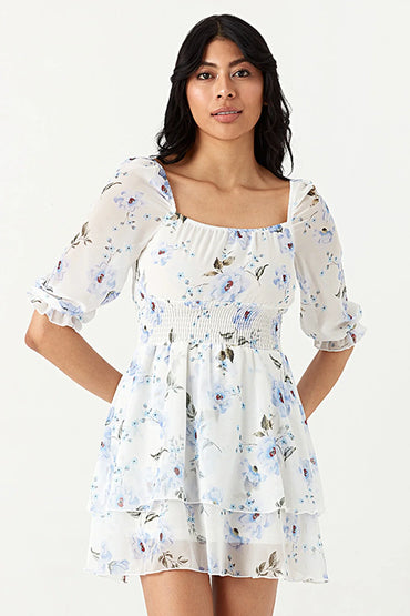 Ivory Floral Chiffon Ra Ra Dress