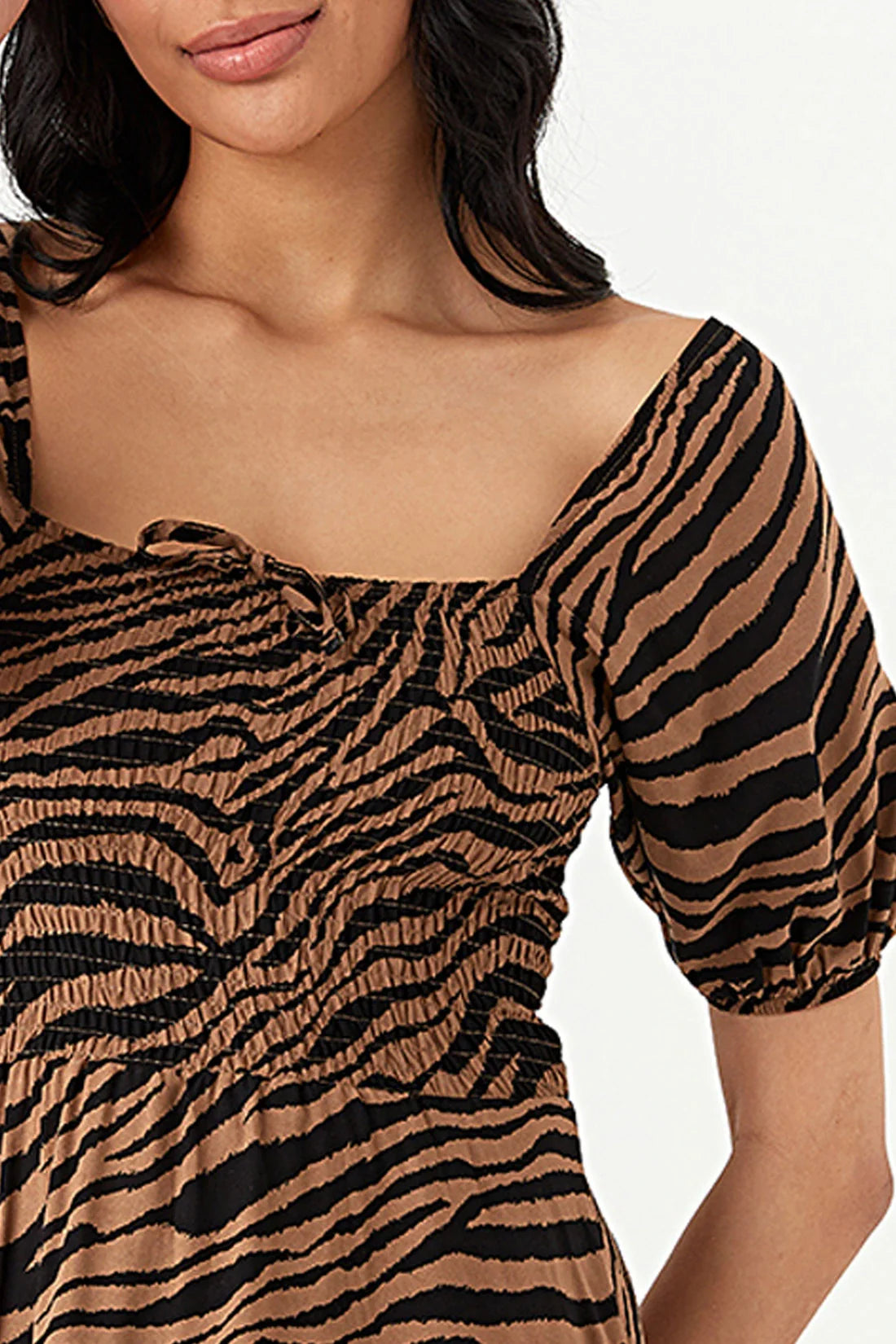 Brown Zebra Puff Sleeve Tea Dress