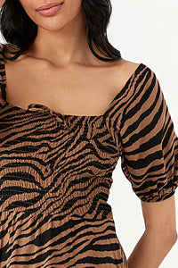 Brown Zebra Puff Sleeve Tea Dress
