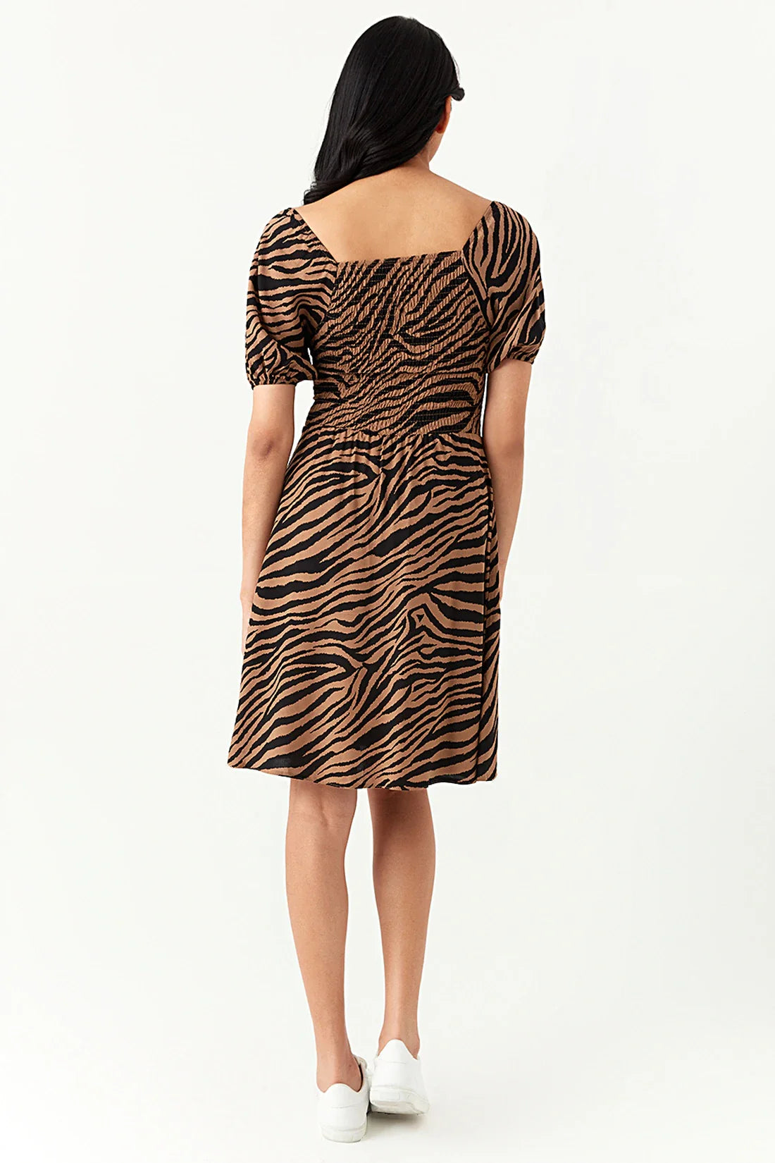 Brown Zebra Puff Sleeve Tea Dress