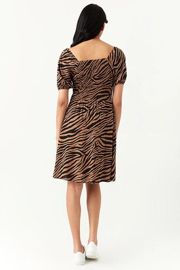 Brown Zebra Puff Sleeve Tea Dress