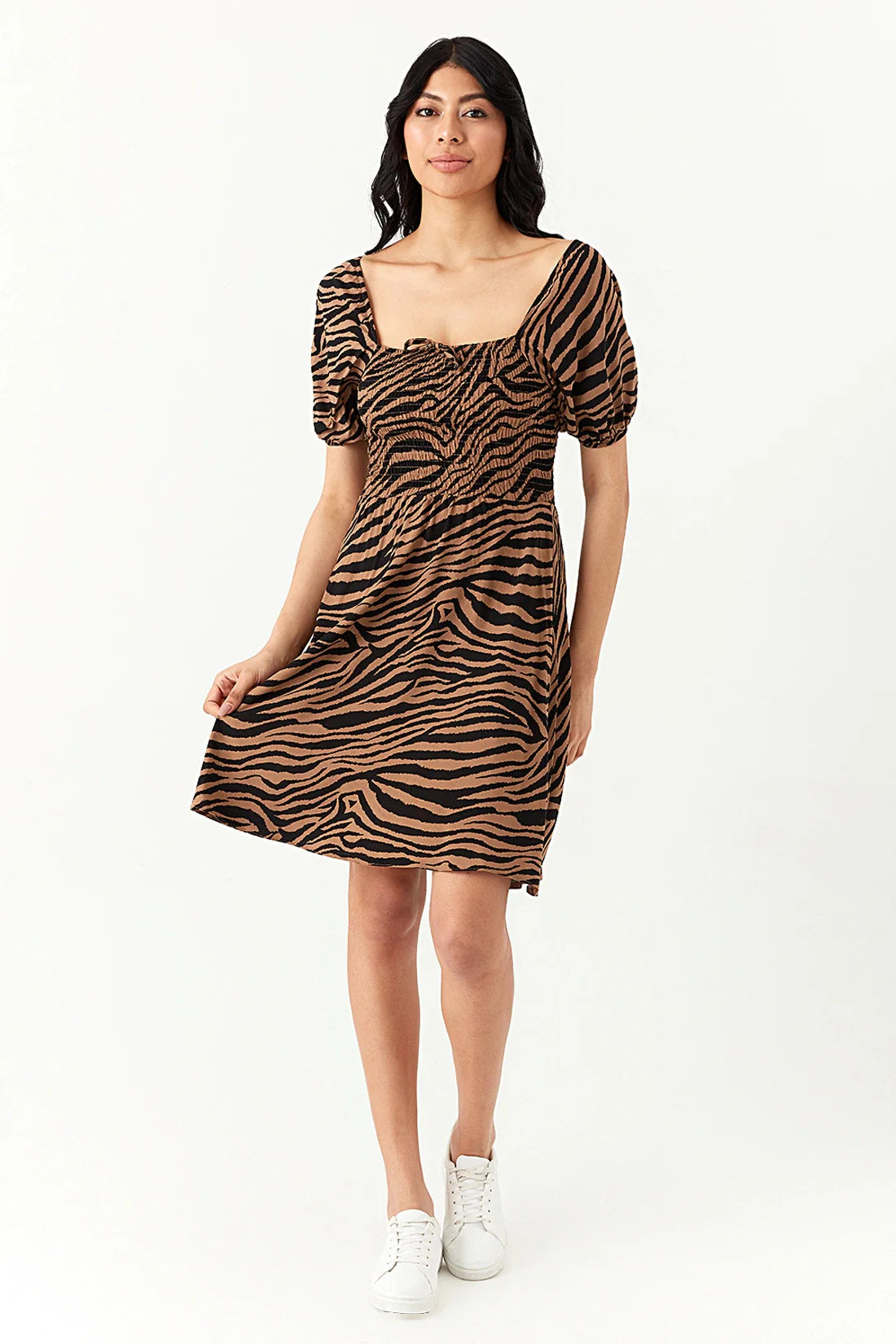 Brown Zebra Puff Sleeve Tea Dress