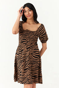 Brown Zebra Puff Sleeve Tea Dress