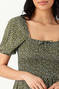 Khaki Ditsy Puff Sleeve Tea Dress