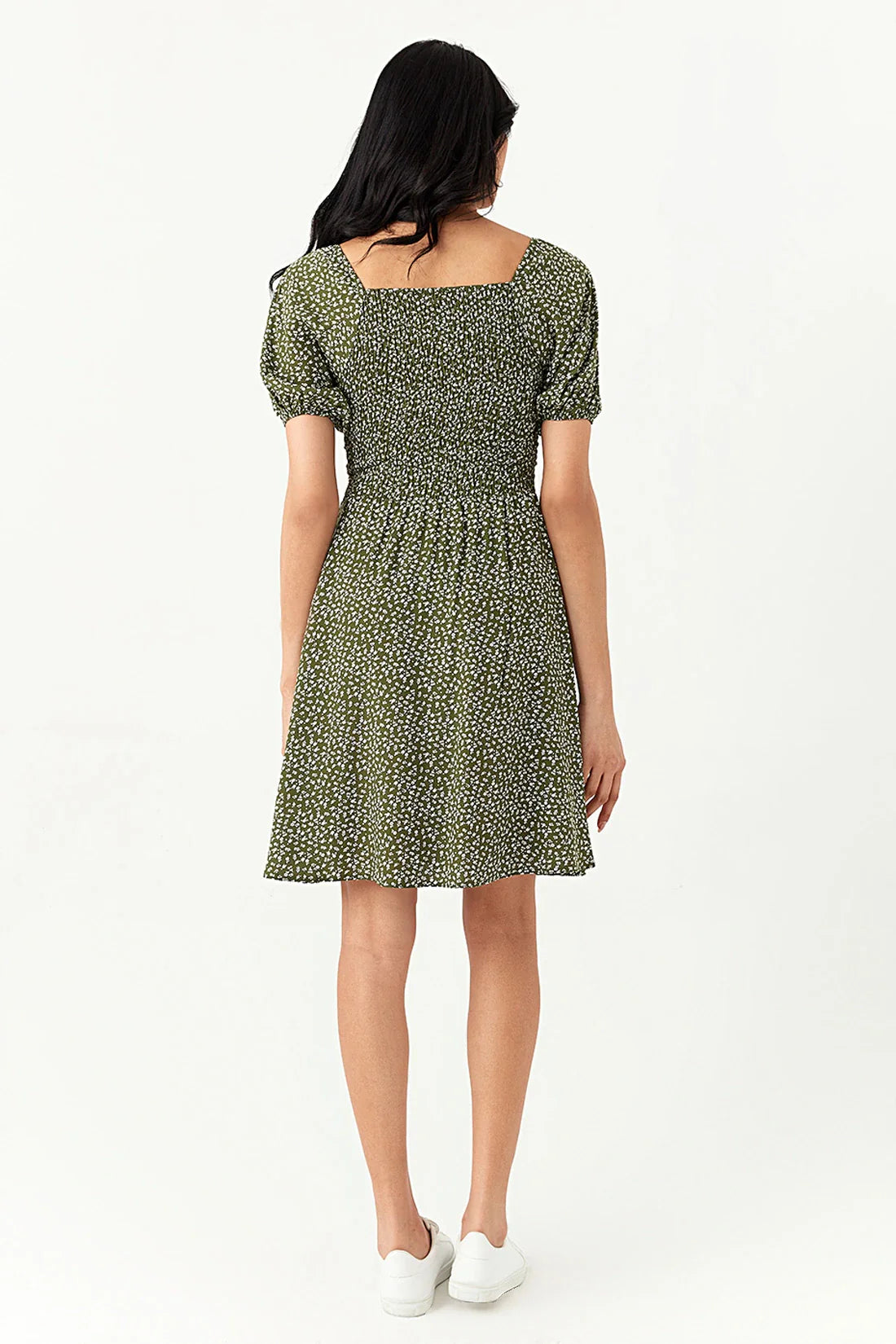 Khaki Ditsy Puff Sleeve Tea Dress