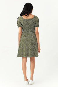 Khaki Ditsy Puff Sleeve Tea Dress