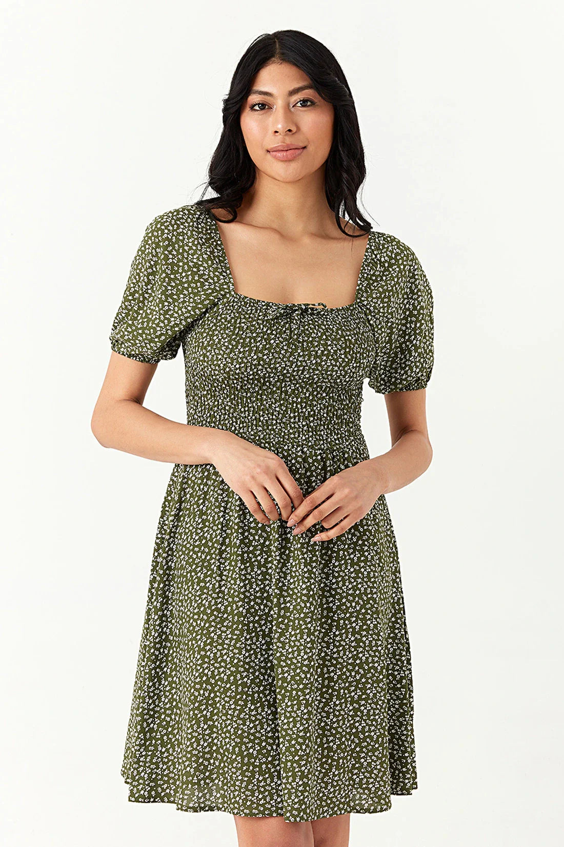 Khaki Ditsy Puff Sleeve Tea Dress