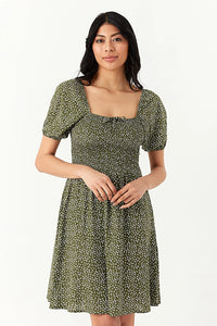 Khaki Ditsy Puff Sleeve Tea Dress
