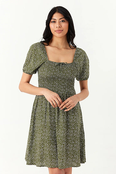 Khaki Ditsy Puff Sleeve Tea Dress