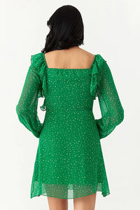Green Chiffon Printed Frill Tea Dress