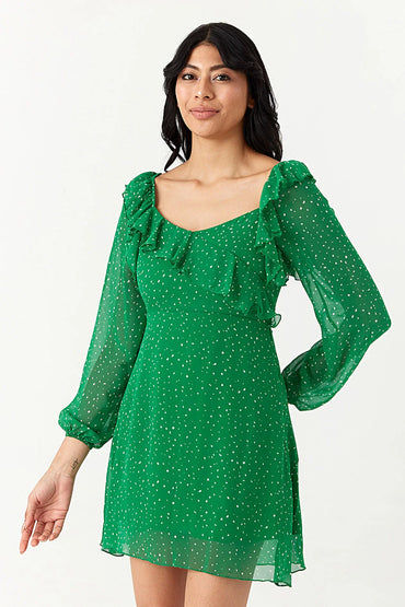 Green Chiffon Printed Frill Tea Dress