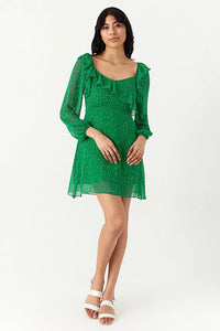 Green Chiffon Printed Frill Tea Dress