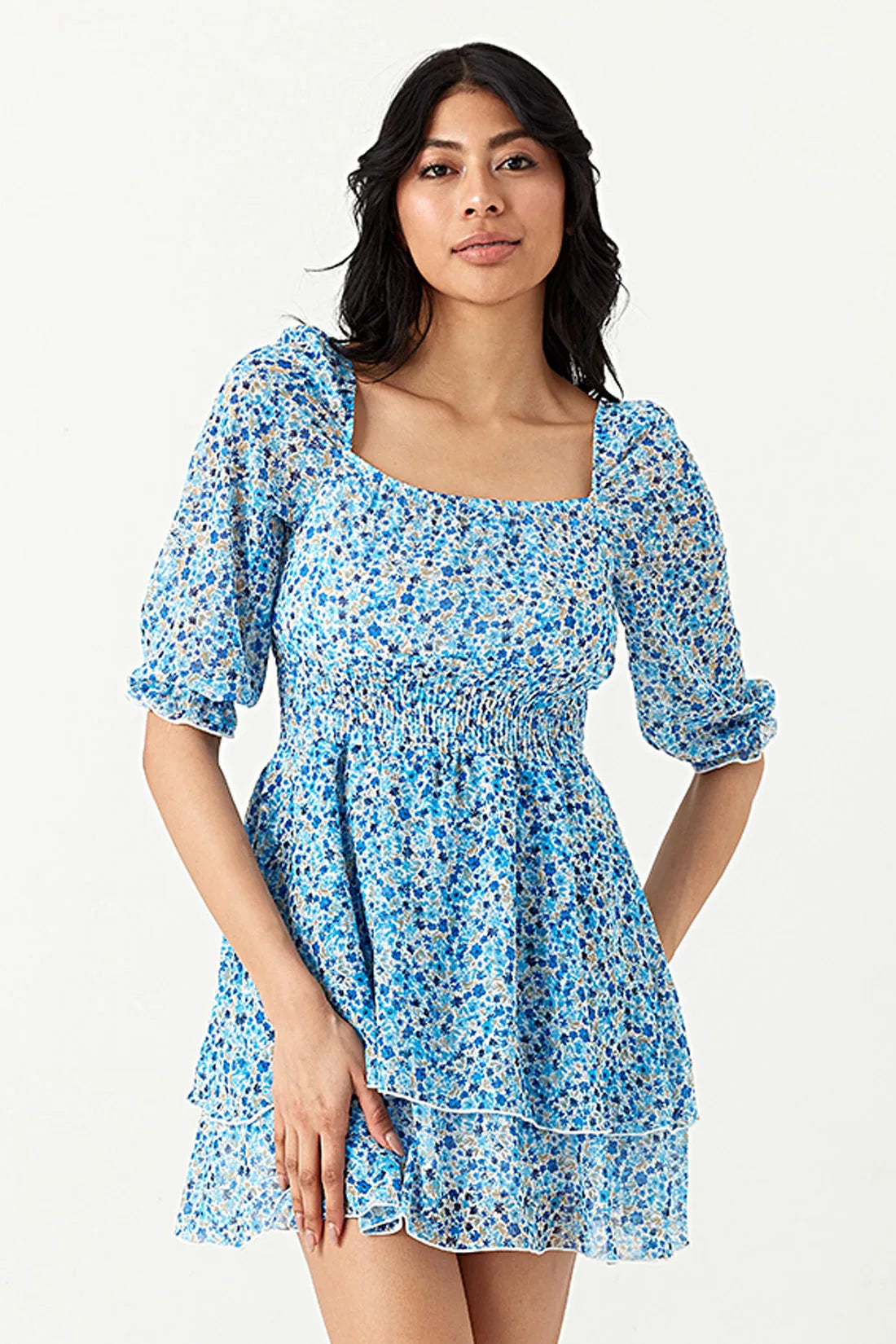 Blue Ditsy Chiffon Ra Ra Dress