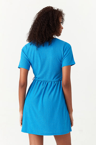 Blue Textured Belted T-Shirt Dress