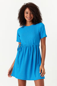 Blue Textured Belted T-Shirt Dress