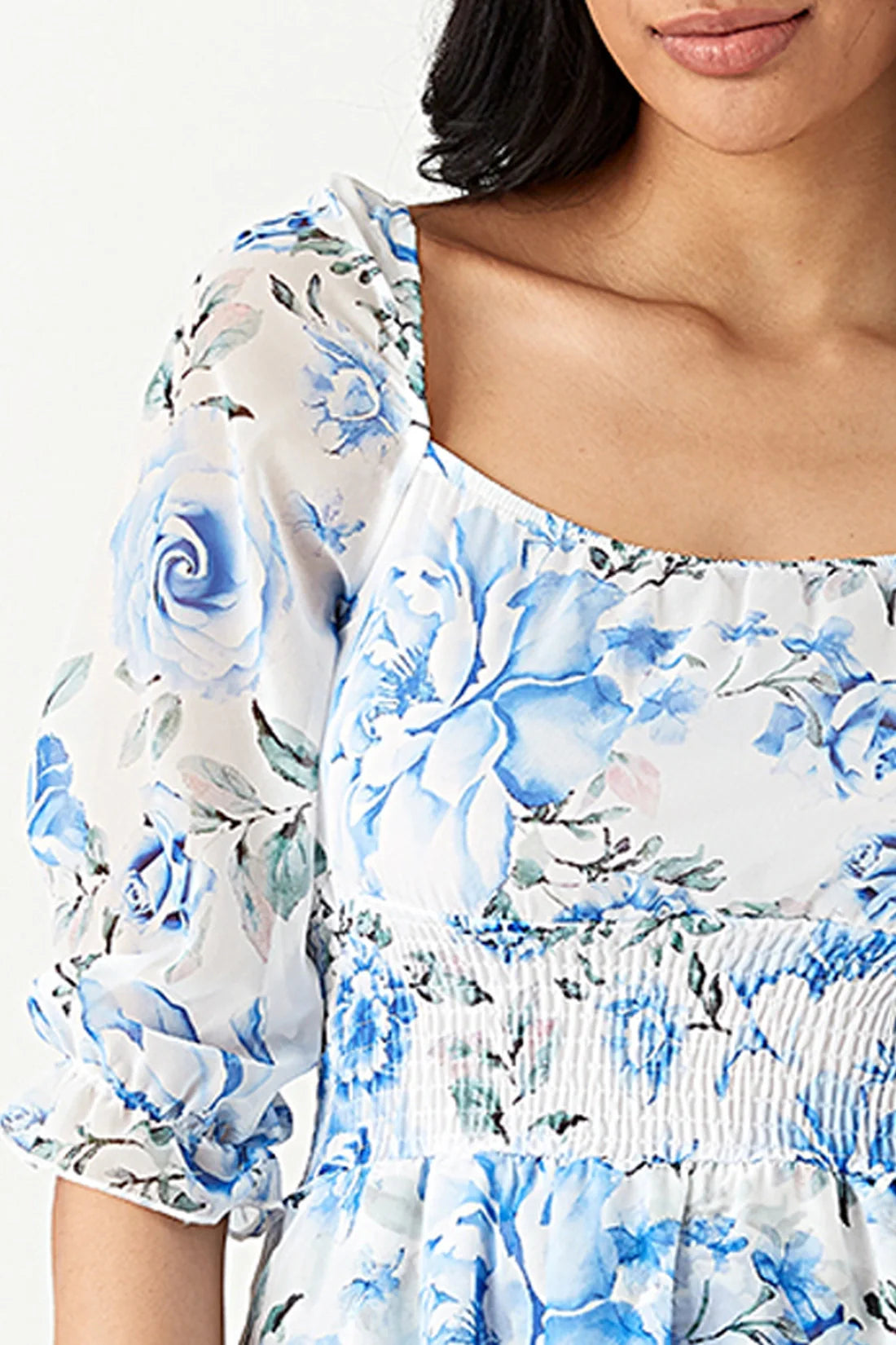 Blue Rose Print Chiffon Ra Ra Dress