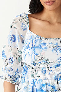 Blue Rose Print Chiffon Ra Ra Dress