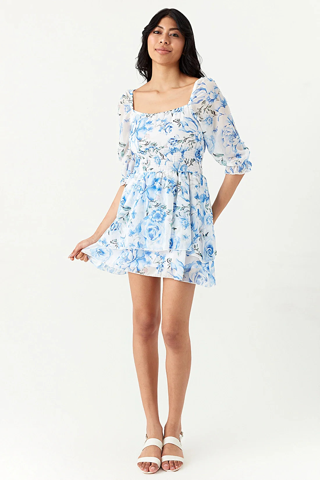 Blue Rose Print Chiffon Ra Ra Dress