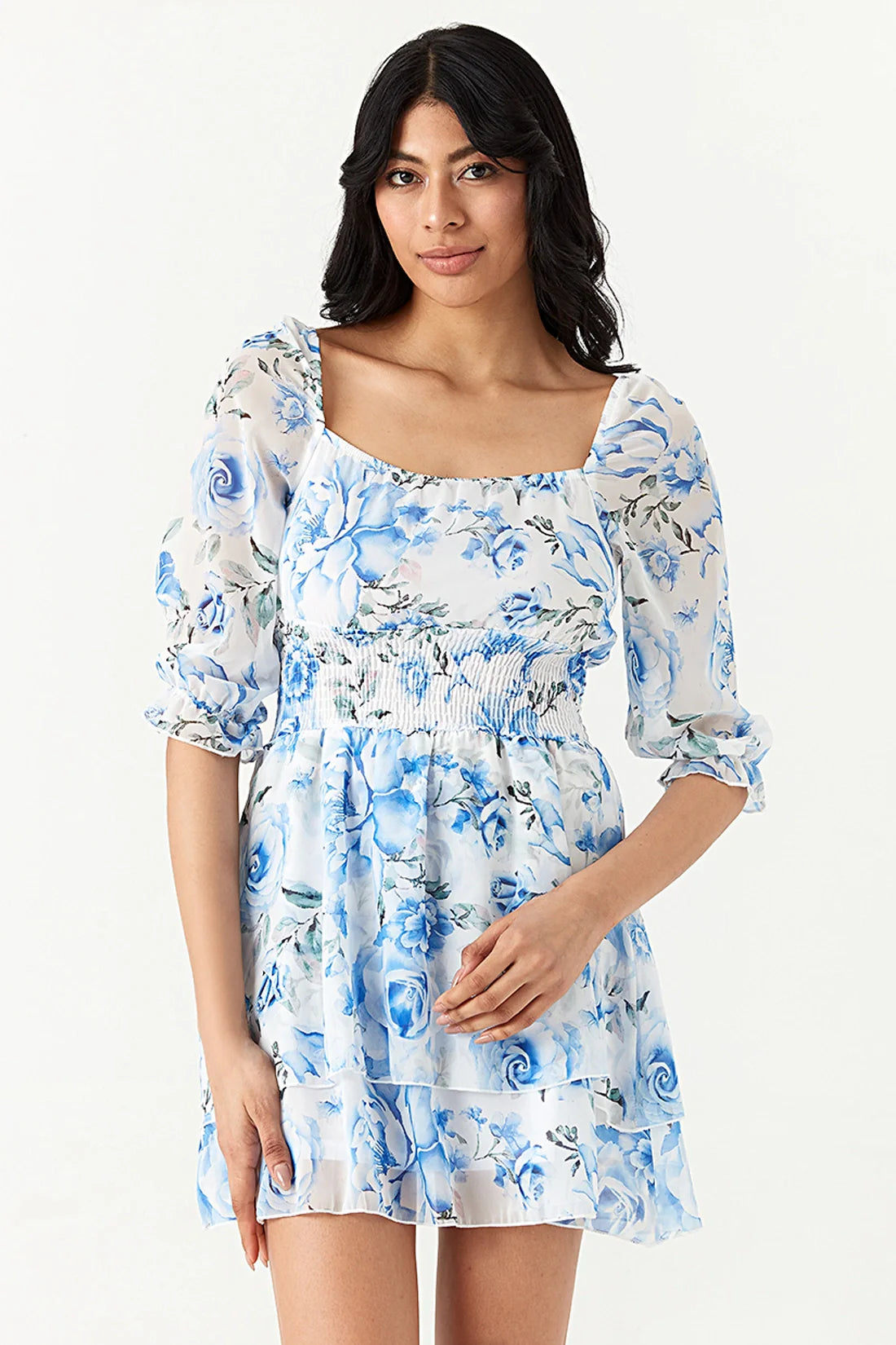 Blue Rose Print Chiffon Ra Ra Dress