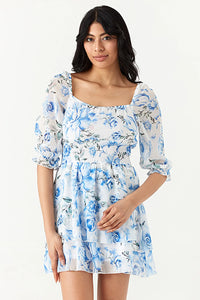 Blue Rose Print Chiffon Ra Ra Dress