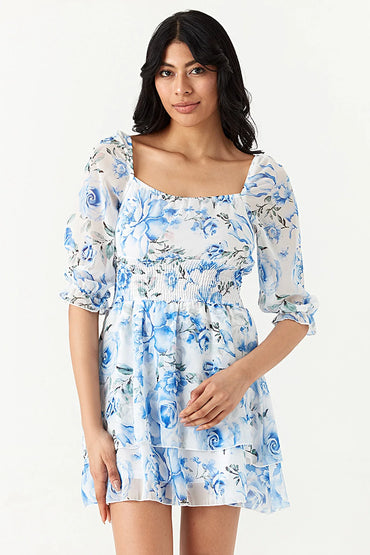 Blue Rose Print Chiffon Ra Ra Dress