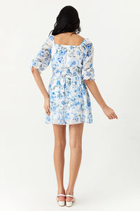 Blue Rose Print Chiffon Ra Ra Dress