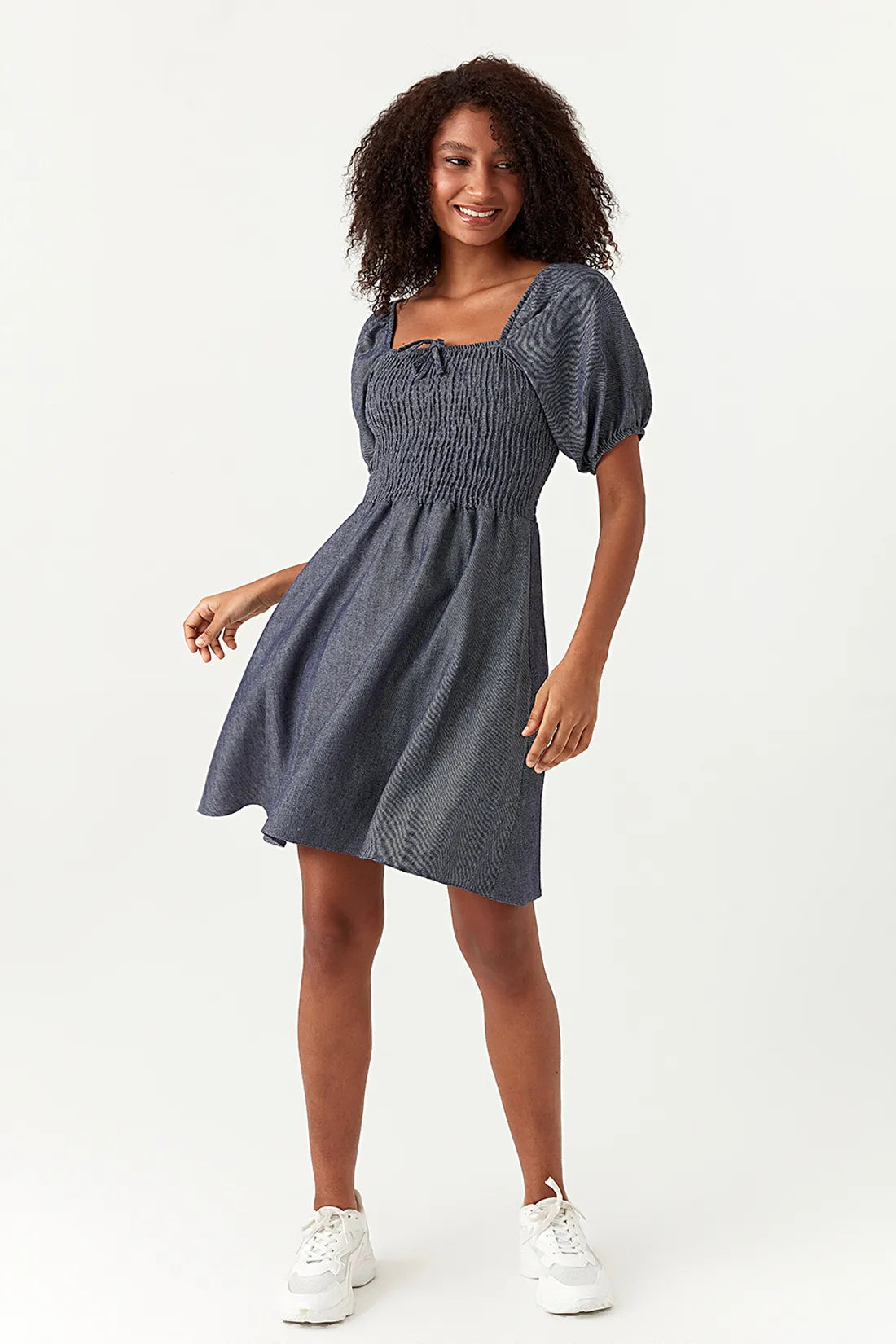 Blue Chambray Puff Sleeve Tea Dress