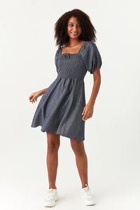 Blue Chambray Puff Sleeve Tea Dress