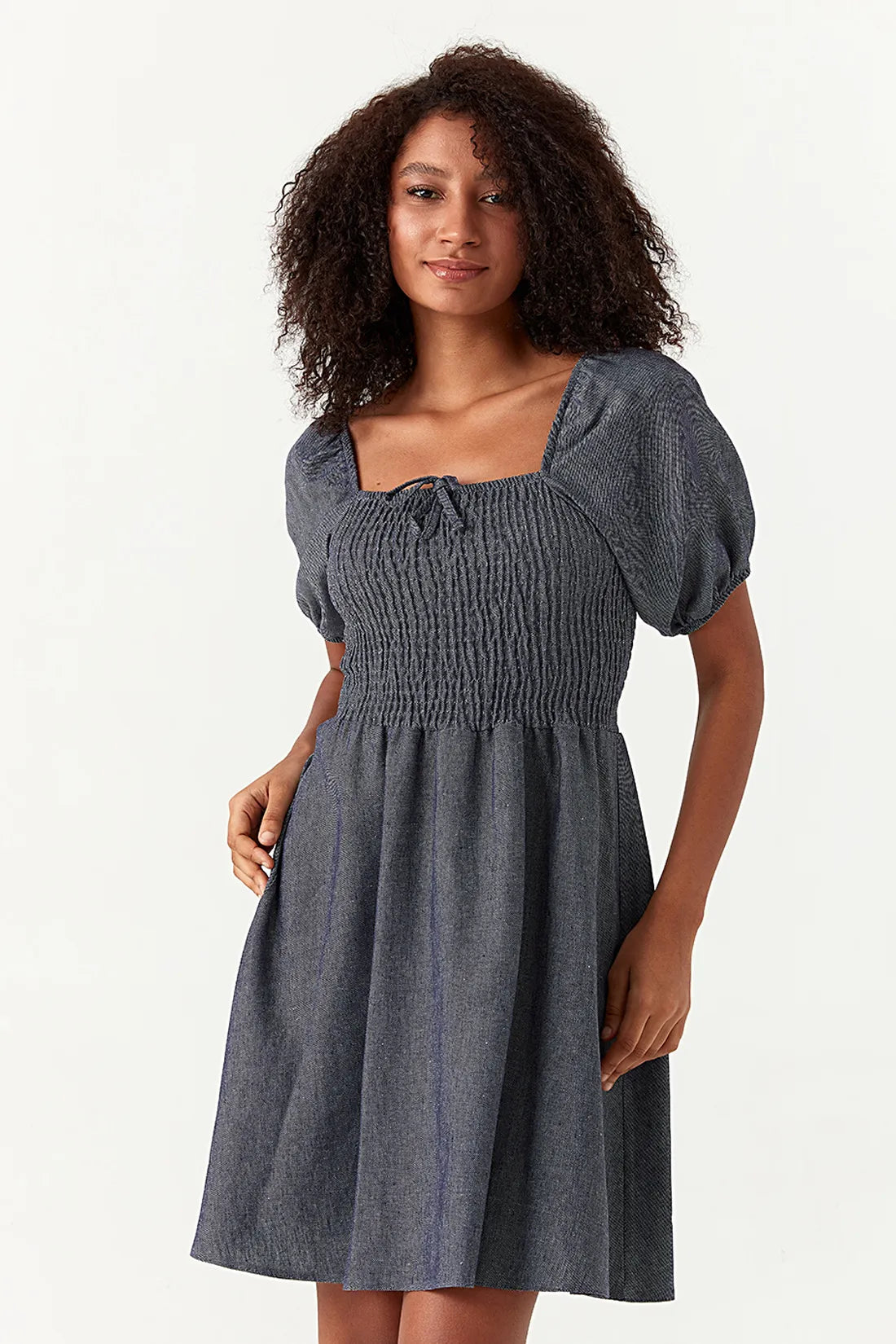Blue Chambray Puff Sleeve Tea Dress