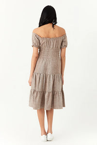 Neutral Linen Bardot Tea Dress