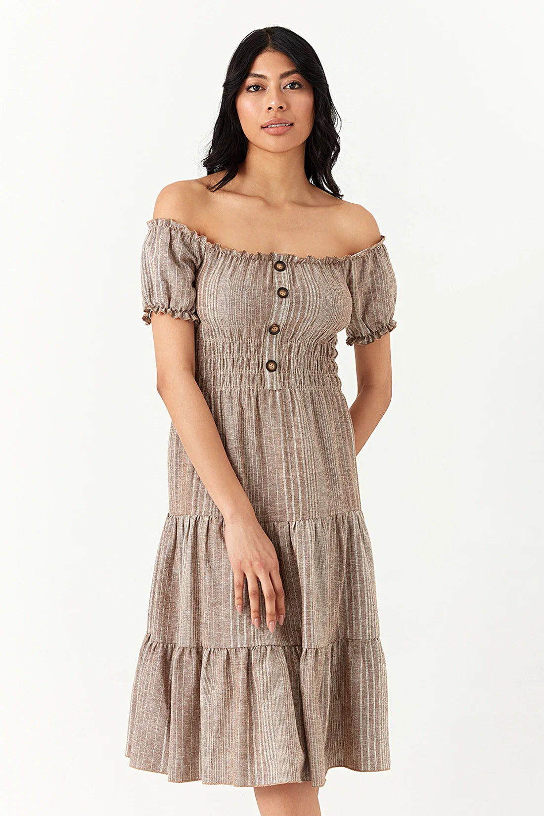 Neutral Linen Bardot Tea Dress