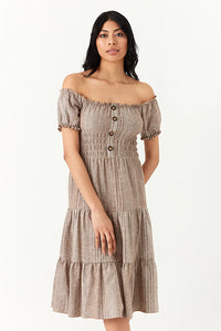 Neutral Linen Bardot Tea Dress