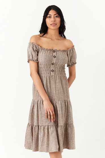 Neutral Linen Bardot Tea Dress