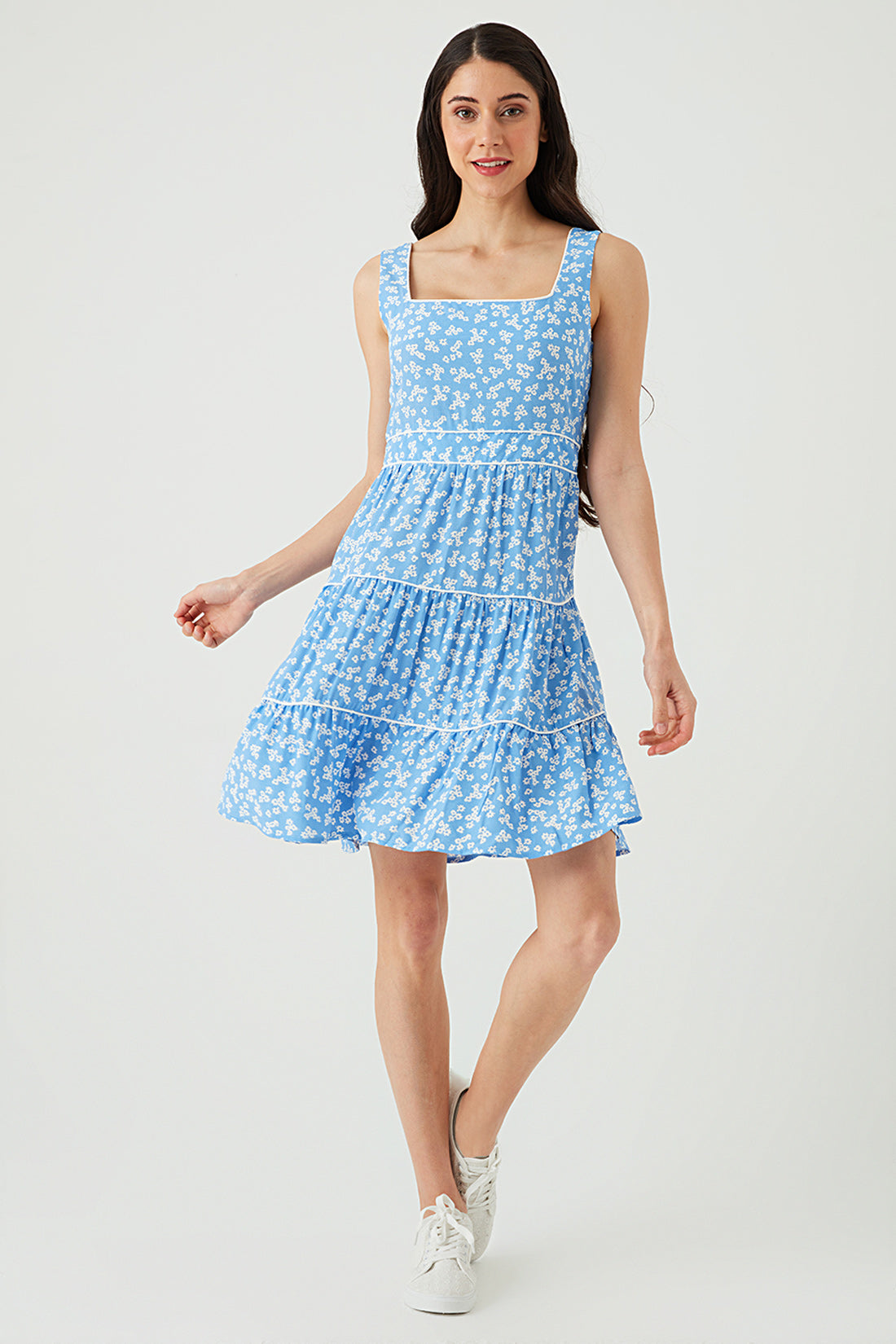 Blue Binding Detail Sleeveless Tea Dress