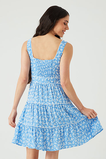 Blue Binding Detail Sleeveless Tea Dress
