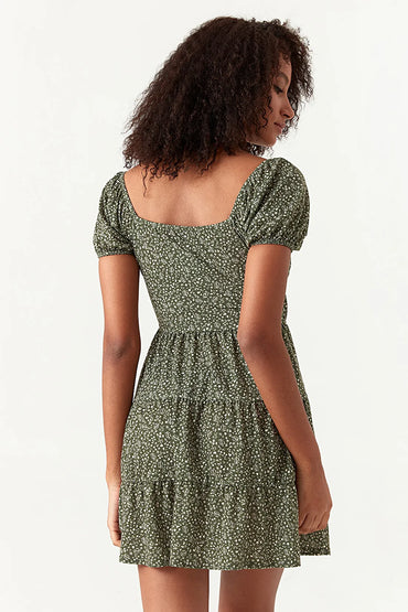 Khaki Ditsy Tiered Puff Sleeve Dress