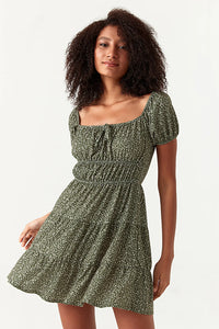 Khaki Ditsy Tiered Puff Sleeve Dress