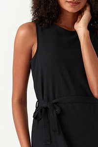 Black Textured Belted Sleeveless Dress