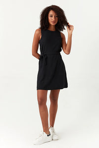 Black Textured Belted Sleeveless Dress