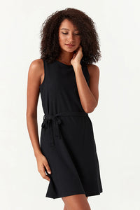 Black Textured Belted Sleeveless Dress