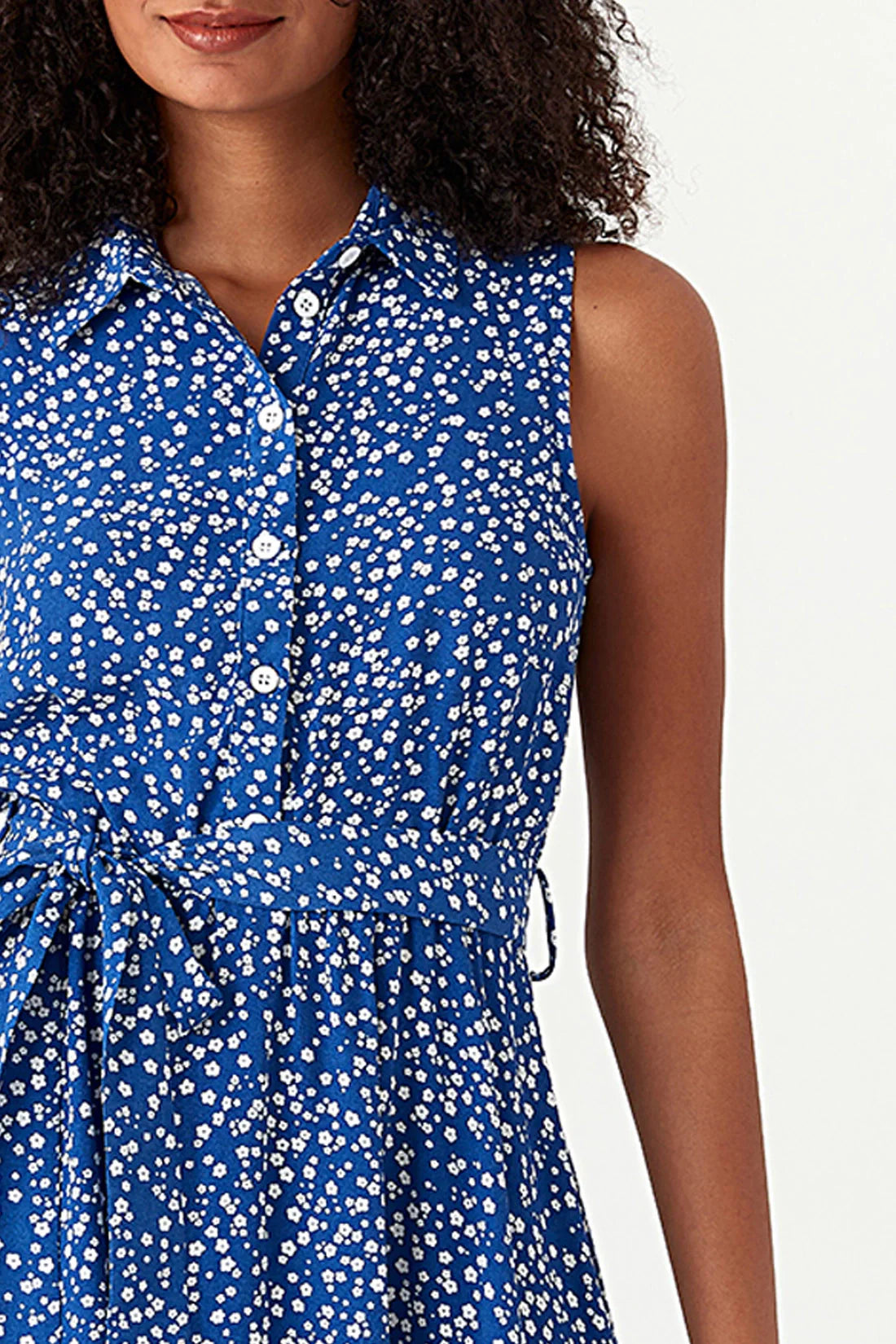 Blue Ditsy Print Sleeveless Shirt Dress