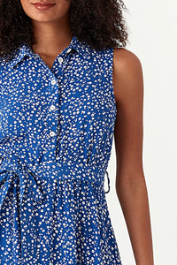 Blue Ditsy Print Sleeveless Shirt Dress